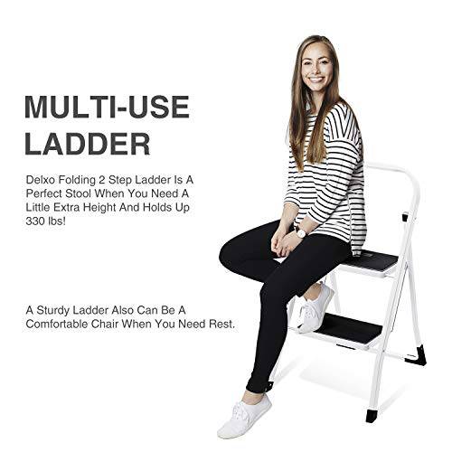 Delxo 2 Step Stool,2 Step Folding Step Stool with Handgrip, Lightweight But Heavy Duty 2 Step Ladder Multi-Use for Household, Kitchen and Office Portable 2 Step Steel Ladder 330lbs White (2 Feet) - delxousa
