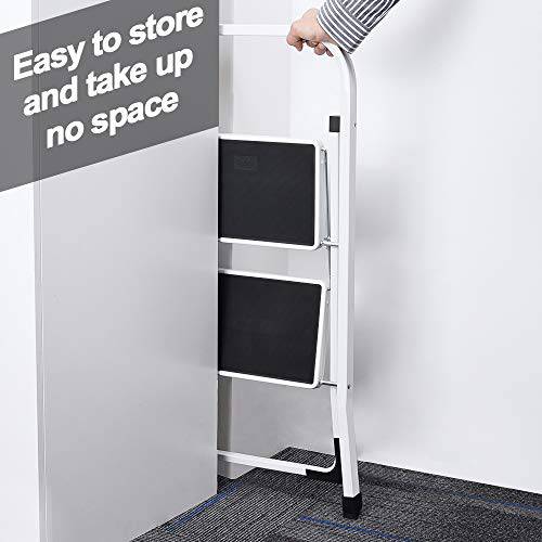 Delxo 2 Step Stool,2 Step Folding Step Stool with Handgrip, Lightweight But Heavy Duty 2 Step Ladder Multi-Use for Household, Kitchen and Office Portable 2 Step Steel Ladder 330lbs White (2 Feet) - delxousa