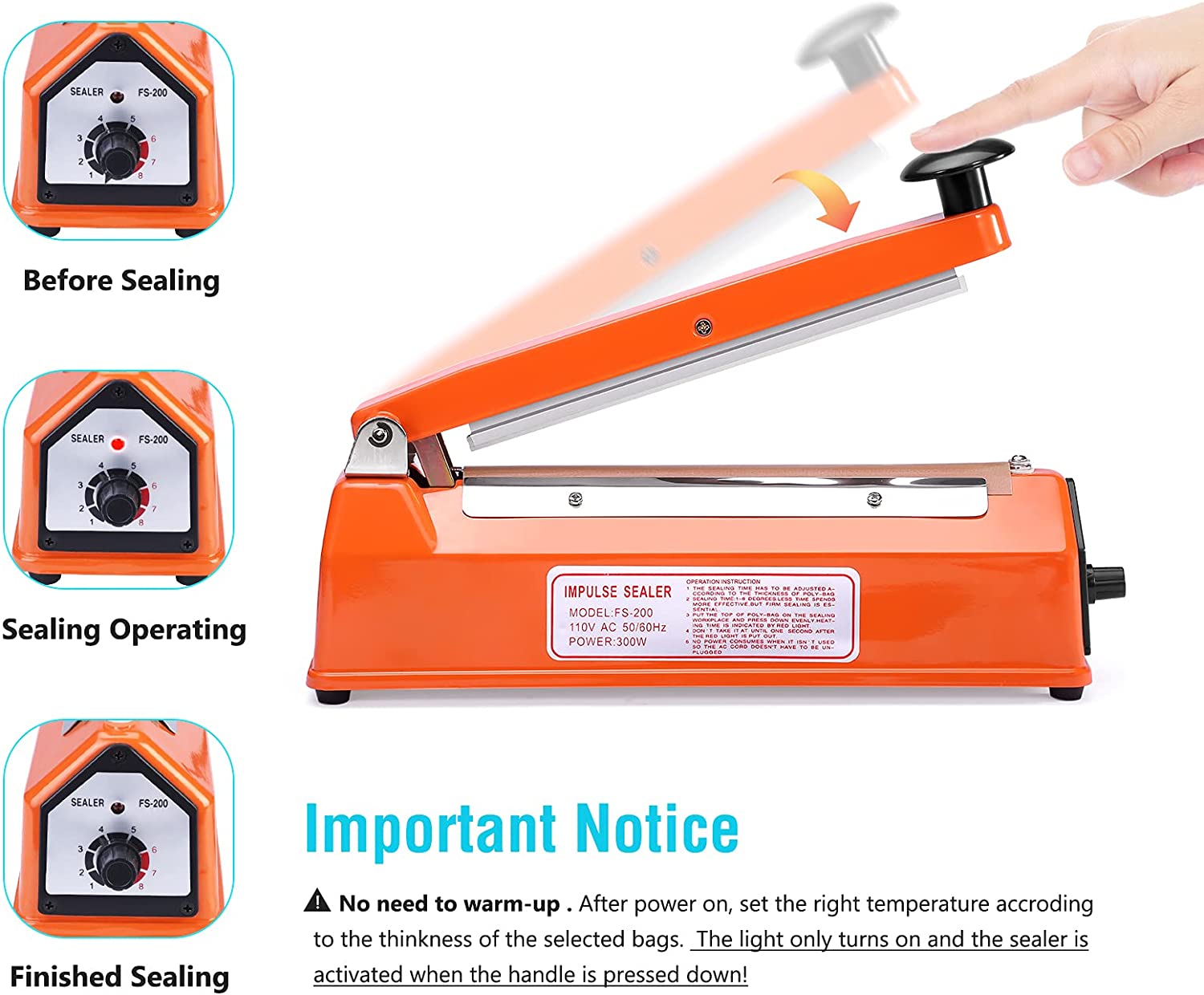 Delxo 8 inch 12 inch 16 inch Impulse Bag Sealer Poly Bag Sealing Machine Heat Seal Closer with Repair Kit in Orange Blue Black - Delxo