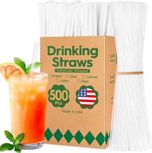 Delxo 500 Count Individually Wrapped Clear Plastic Straws - 7.75 Inch Long, 0.23 Inch Diameter - Disposable Drinking Straws for Party, Every Occasion - Made in USA