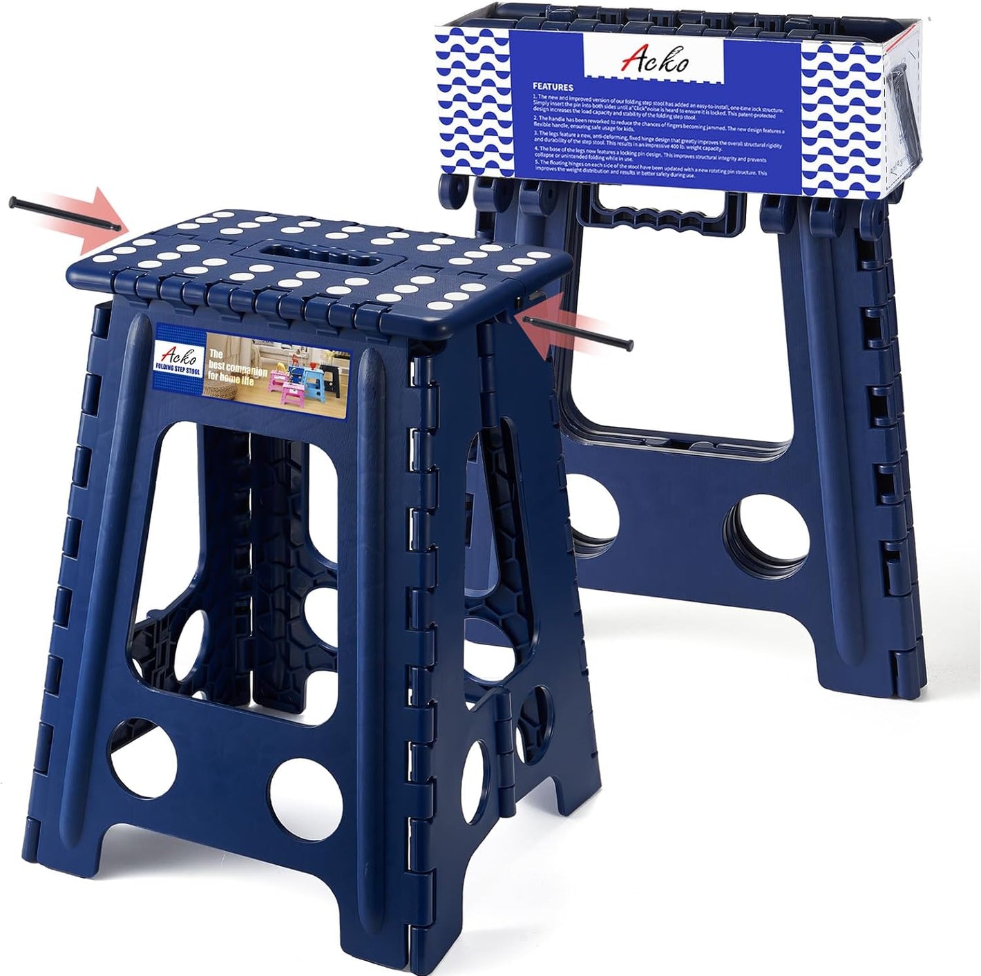 18 Inch Non Slip Foldable Step Stool Royal Blue With Pin Structure