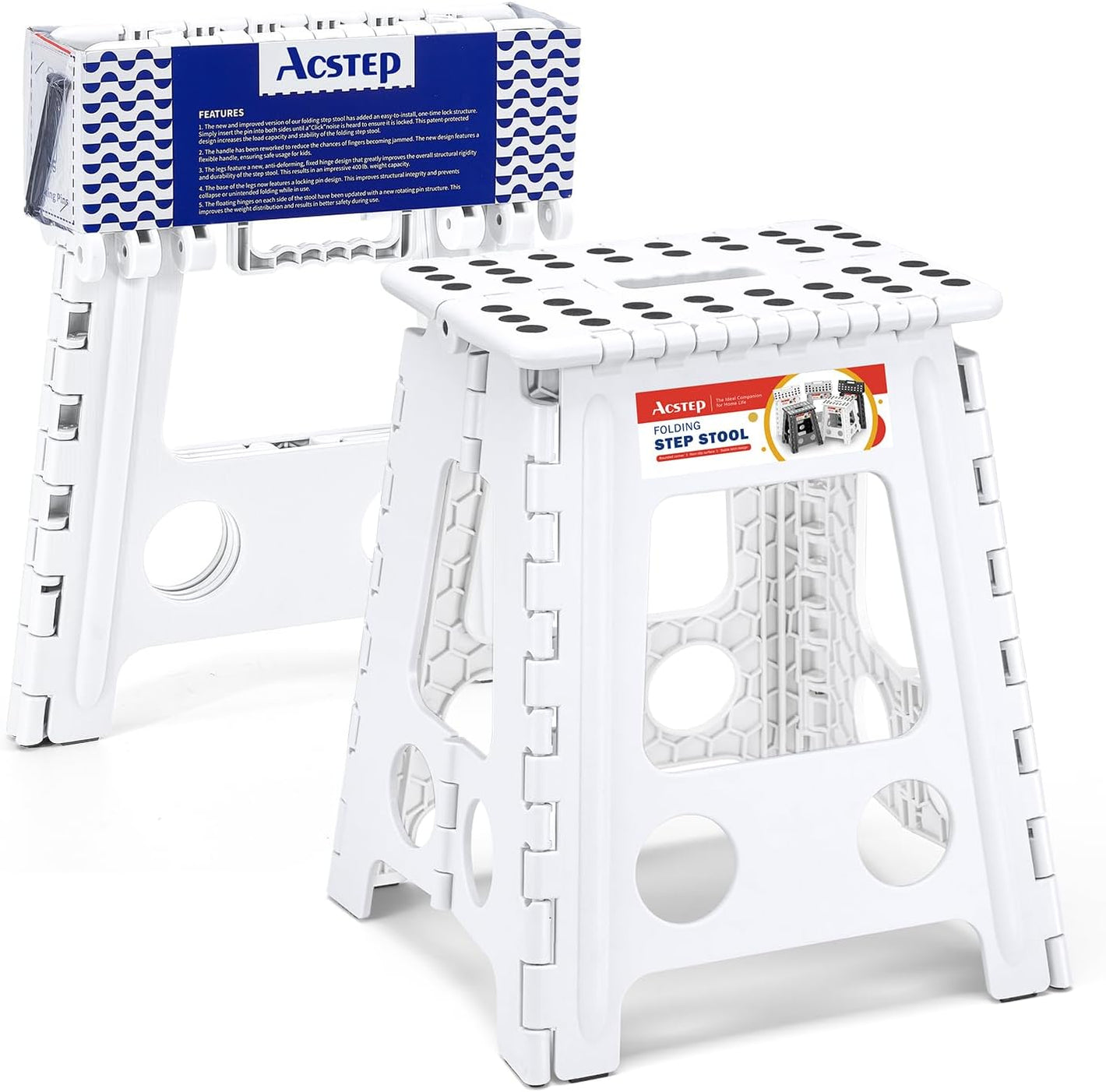 16 Inch Non Slip Foldable Step Stool White With Pin Structure