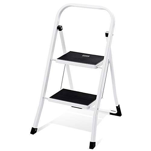 Delxo 2 Step Stool，2 Step Folding Step Stool with Handgrip, Lightweight But Heavy Duty 2 Step Ladder Multi-Use for Household, Kitchen and Office Portable 2 Step Steel Ladder 330lbs White (2 Feet) - delxousa