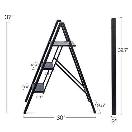 Delxo 2 in 1 Lightweight Aluminum 3 Step Ladder Stylish Invisible Connection Design Step Ladder with Anti-Slip Sturdy and Wide Pedal Ladder for Photography,Household and Painting 330lbs 3-Feet（Black） - delxousa