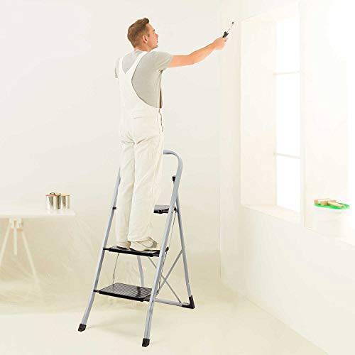 Delxo 3 Step Ladder Folding Step Stool Ladder with Handgrip Anti-Slip Sturdy and Wide Pedal 300lbs Multi-Use for Household and Office Portable Step Stool Steel 3 Step Stool Gray and Black Combo - delxousa