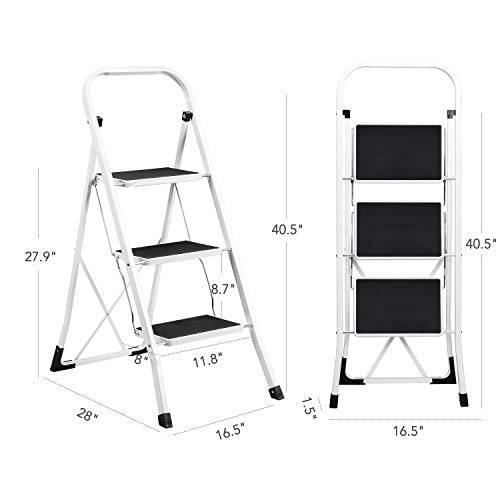 Delxo 3 Step Ladder Folding Step Stool Ladder with Handgrip Anti-Slip Sturdy and Wide Pedal Multi-Use for Household and Office Portable Step Stool Steel 300lbs White (3 Feet) - delxousa