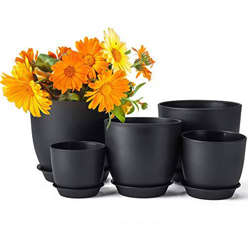 Delxo 5pcs Plant Pots，Flower Pots Indoor with Saucers and Drainage Hole,Plastic Nursery Garden Pots for Plants,Flower.4/4.5/5.5/6.3/7 Inch Planter Pot Black - delxousa