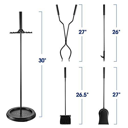 Delxo 5 Pcs Heavy Duty Steel Fireplace Tool Set Black Cast Fire Place Tool Set with Log Holder Fire Pit Stand Rustic Tongs Shovel Antique Broom Chimney Poker Wood Stove Hearth Accessories Set - delxousa