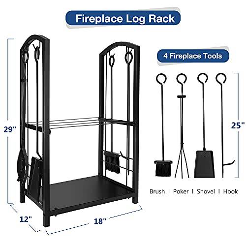 Delxo Fireplace Rack with 4 pcs Fireplace Tools Fireplace Log Holder for Indoor and Outdoor Black Fireplace Log Rack Wrought Iron Logs Bin Holder for Fireplace Tool Set - delxousa