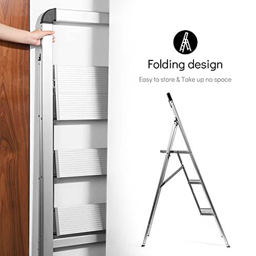 Delxo Aluminum 3 Step Ladder,Lightweight But Heavy Duty Folding Step Stool with Long Handle, Anti-Slip Sturdy Pedal, Stylish Silver Folding Step Ladder, Hold Up to 330LB - delxousa