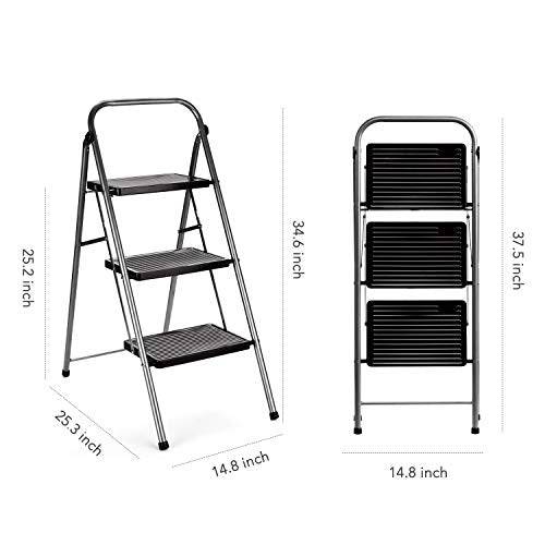 Delxo Step Ladder 3 Step Folding Step Stool with Anti-Slip Wide Pedal,Hold Up to 330lb Sturdy Steel 3 Step Stool ,Lightweight Folding Step Ladder for Adults Grey - delxousa