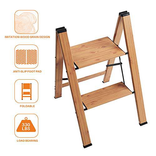 Delxo Lightweight Aluminum Woodgrain 2 Step Stool Folding Step Stool Step ladders Home and Kitchen Step Ladder Anti-Slip Sturdy and Wide Pedal Ladders 330lbs Capacity Space Saving (2020 Upgrade) - delxousa