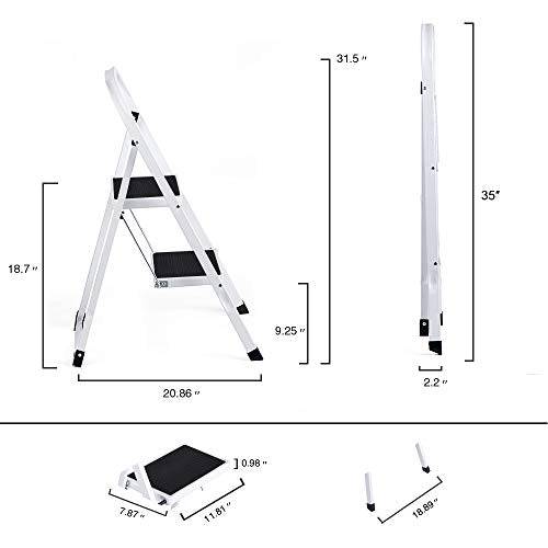 Delxo 2 Step Stool，2 Step Folding Step Stool with Handgrip, Lightweight But Heavy Duty 2 Step Ladder Multi-Use for Household, Kitchen and Office Portable 2 Step Steel Ladder 330lbs White (2 Feet) - delxousa