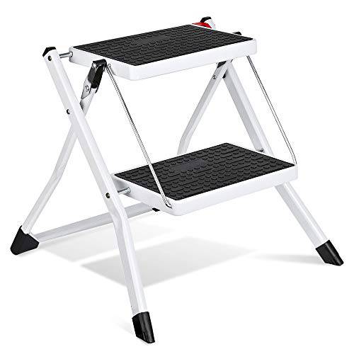 Delxo 2 Step Stool Stepladders Lightweight White Folding Step Ladder with Handgrip Anti-Slip Sturdy and Wide Pedal Steel Ladder Mini-Stool 250lbs 2-Feet - delxousa