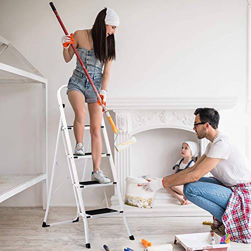 Delxo Folding 4 Step Ladder with Convenient Handgrip Anti-Slip Sturdy and Wide Pedal 330lbs Portable Steel Step Stool White and Black 4-Feet - delxousa