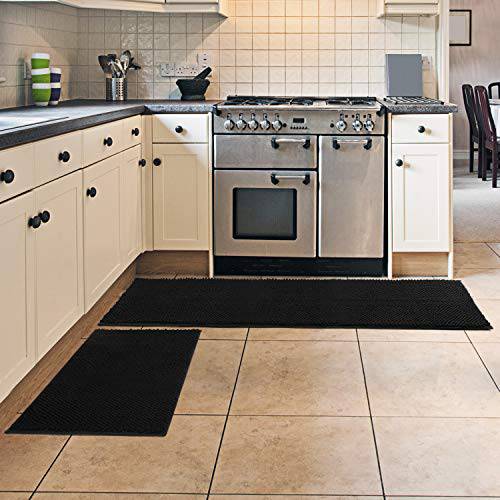 Delxo Kitchen Mat Sets,2 Piece Non Slip Soft Super Absorbent Kitchen Rug Chenille Microfiber Doormat Carpet Set,20"X30"+20"X60" (Black) - delxousa