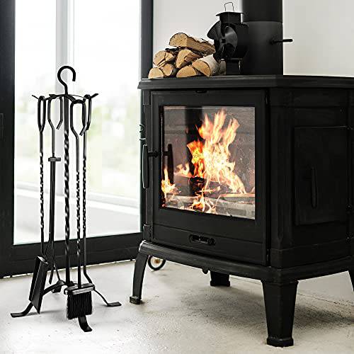 Delxo 5pcs Fireplace Tool Set Black Cast Iron Fire Place Tool Set with Log Holder Fire Pit Stand Rustic Tongs Shovel Antique Broom Chimney Poker Wood Stove Hearth Accessories - delxousa