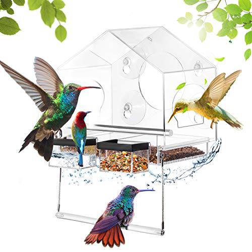 Delxo Window Bird Feeder, Acrylic Bird House With Removable Swing & Sink, 3 Optional fixed Ways(Adsorption/Fixation/Hanging), Drain Holes, Side Arches, Weather Proof Outdoor Birdhouse Shape Bird House - delxousa