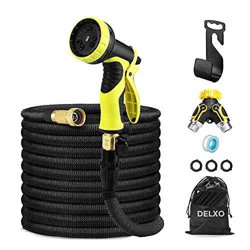 Delxo 75Ft Expandable Garden Hose Kit Include 7,Flexible Water Hose with 9-Function High-Pressure Metal Spray Nozzle, Leakproof Design 3/4”Solid Brass Fittings Lightweight But Heavy Duty Hose Black - delxousa