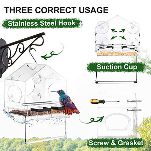 Delxo Window Bird Feeder, Acrylic Bird House With Removable Swing & Sink, 3 Optional fixed Ways(Adsorption/Fixation/Hanging), Drain Holes, Side Arches, Weather Proof Outdoor Birdhouse Shape Bird House - delxousa
