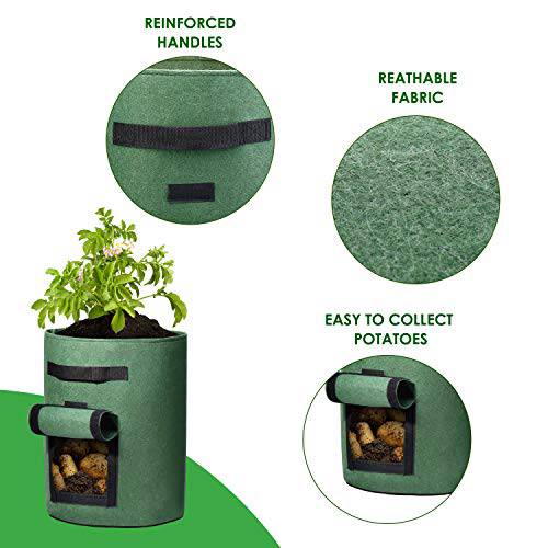 Delxo 5 Pack 10 Gallon Potato Grow Bags, Vegetable Grow Bag with Velcro Window , Double Layer Premium Breathable Nonwoven Cloth for Potato/Plant Container/Aeration Fabric Pots with Handles（Green） - delxousa