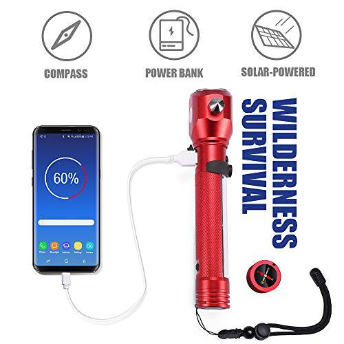 Delxo Patriot Flashlight, Handheld Solar Powered Tactical Flashlights Cell Phone Charger, Multi Function Car LED Flashlight with 2000mAh Battery, USB Charger, Portable Flashlights for Camping Red - delxousa