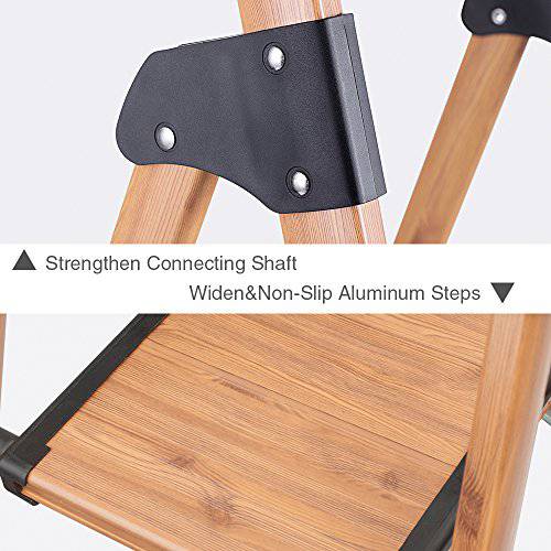 Delxo Lightweight Aluminum Woodgrain 3 Step Ladder Folding Step Stool Stepladders Home and Kitchen Step Ladder Anti-Slip Sturdy and Wide Pedal Ladders 330lbs Capacity Space Saving (3 feet) - delxousa