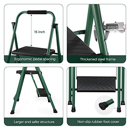 Delxo 2 Step Ladder-2 Step Folding Step Stool for Adults with Longer Cushioned Handle & Widen Textured Steps,Lightweigh But Heavy Duty 2 Step Stool, Hold up to 330lbs Green 2Ft - delxousa