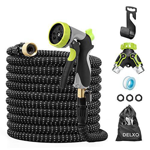 Delxo 100Ft Expandable Garden Hose Kit Include 7,Flexible Water Hose with 9-Function High-Pressure Metal Spray Nozzle, Leakproof Design 3/4”Solid Brass Fittings Lightweight But Heavy Duty Hose Grey - delxousa