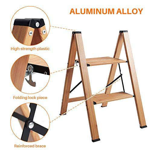 Delxo Lightweight Aluminum Woodgrain 2 Step Stool Folding Step Stool Step ladders Home and Kitchen Step Ladder Anti-Slip Sturdy and Wide Pedal Ladders 330lbs Capacity Space Saving (2020 Upgrade) - delxousa
