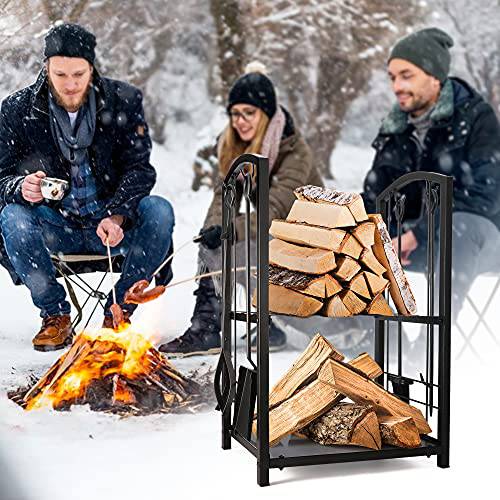Delxo Fireplace Rack with 4 pcs Fireplace Tools Fireplace Log Holder for Indoor and Outdoor Black Fireplace Log Rack Wrought Iron Logs Bin Holder for Fireplace Tool Set - delxousa