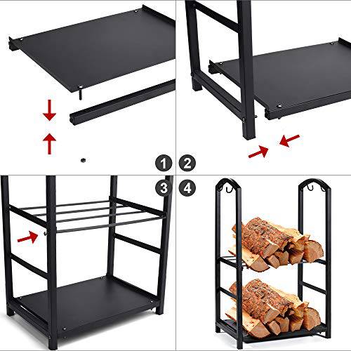 Syntrific Fireplace Log Rack with 4 Fireplace Tools Fireplace Log Holder for Indoor and Outdoor Heavy Duty Steel Black Fireplace Log Rack Wrought Iron Logs Bin Holder for Fireplace Tool Set - delxousa