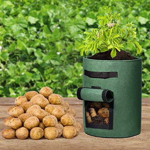 Delxo 5 Pack 7 Gallon Potato Grow Bags Two SidesVelcro Window Vegetable Grow Bags, Double Layer Premium Breathable Nonwoven Cloth for Potato/Plant Container/Aeration Fabric Pots with Handles（Green） - delxousa