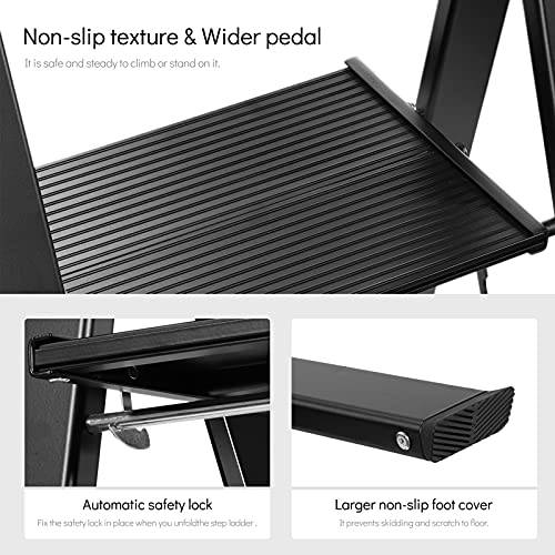 Delxo Aluminum 3 Step Ladder,Lightweight But Heavy Duty Folding Step Stool with Long Handle, Anti-Slip Sturdy Pedal, Stylish Black Folding Step Ladder, Hold Up to 330LB - delxousa