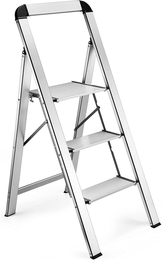 Delxo Aluminum 3 Step Ladder,2020 Upgrade Lightweight Folding Step Stool with Long Handle, Anti-Slip Sturdy Pedal, Classic Wood Look Without Wood Worry Step Ladder, Hold Up to 330LB - Delxo