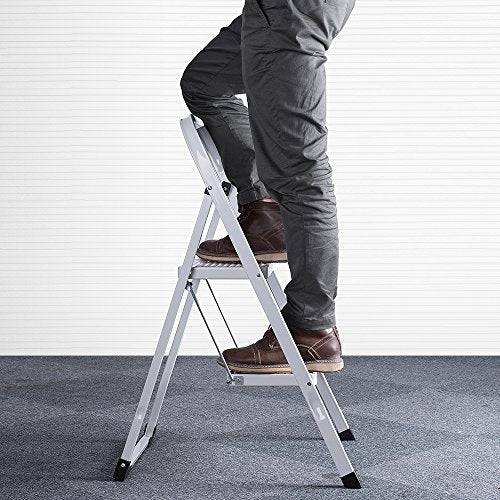 Delxo 2 Step Ladder Folding Step Stool Ladder with Handgrip Anti-Slip Sturdy and Wide Pedal Multi-Use for Household and Office Portable Step Stool Steel 300lbs White (2 feet) - delxousa