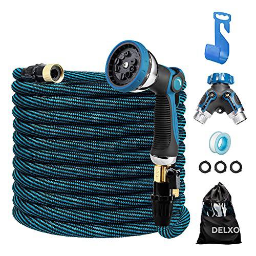 Delxo 100Ft Expandable Garden Hose Kit Include 7, Flexible Water Hose with 9-Function High-Pressure Metal Spray Nozzle, Leakproof Design 3/4”Solid Brass Fittings Lightweight But Heavy Duty Hose Blue - delxousa