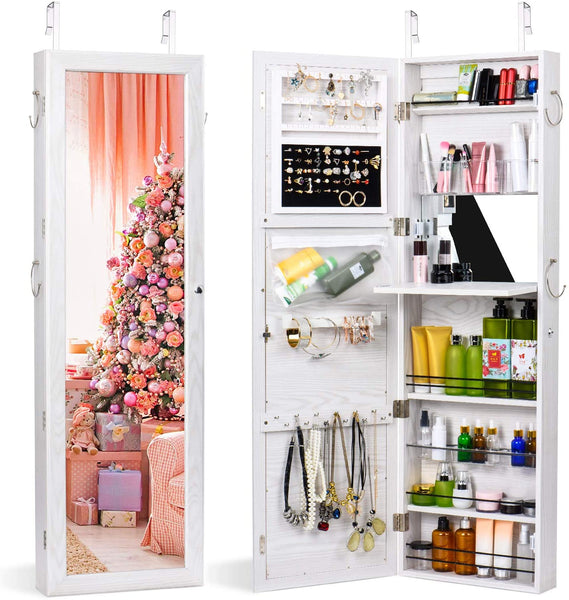 Delxo Jewelry Armoire With Mirror For Door, Over The Door Mirror Jewelry Cabinet, Wall Jewelry Organizer, Over Door Mirror With Jewelry Storage, Lockable Large Full Length Mirror With Storage, White - Delxo